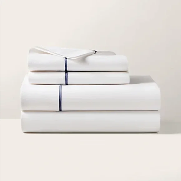 Ralph Lauren New Palmer Percale Organic Cotton Navy‎ Trim King Flat Sheet