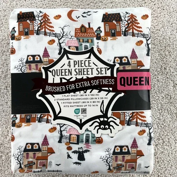 EnVogue Halloween Queen Sheet Set 4pc Haunted Village Ghost Witch Brushed Soft