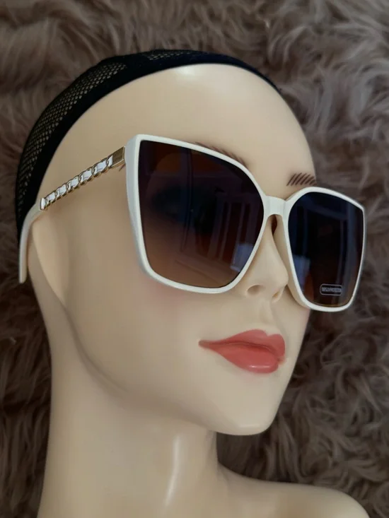 Futuristic sunglasses white cat eye brown lens gold chain style accents