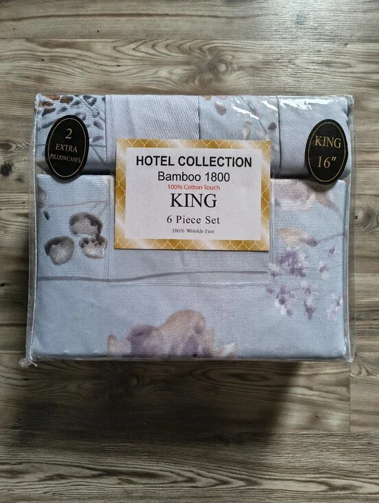Hotel Collection Bamboo 1800 King Size 6 Piece Sheet Set Blue Floral Print