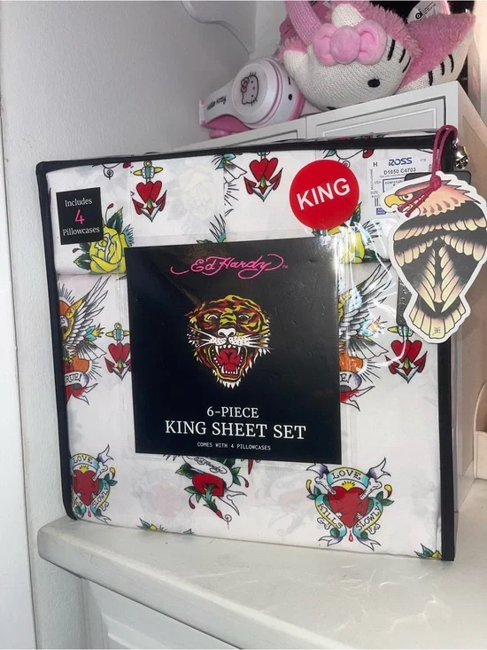 NWT Ed Hardy King Sheet Set in White with Red, Yellow & Green Tattoo Motifs