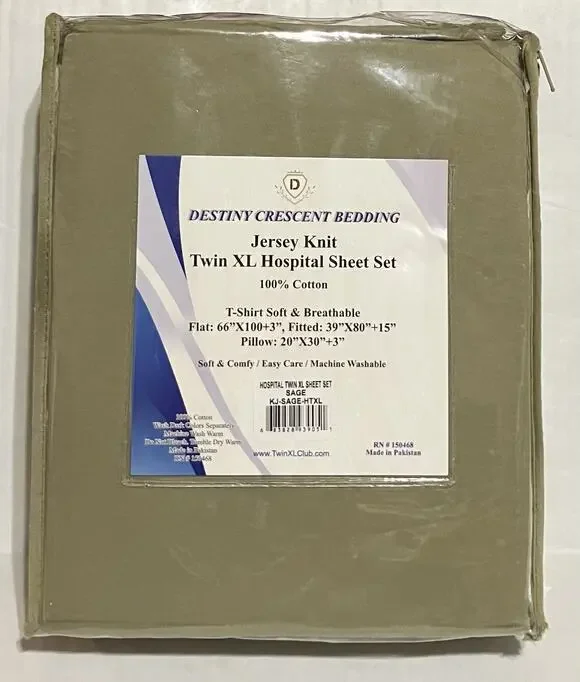 Destiny Crescent Bedding Twin XL Hospital Sheet Set Jersey Knit Sage Green NIP