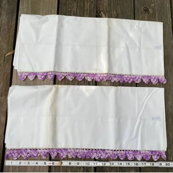 pillow case pair with crocheted trim purple