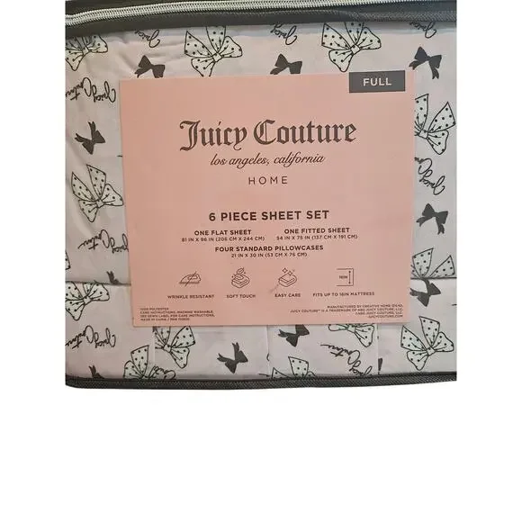 Juicy Couture 6 piece full size sheet set pink black white NIP Ribbons Bows NWT