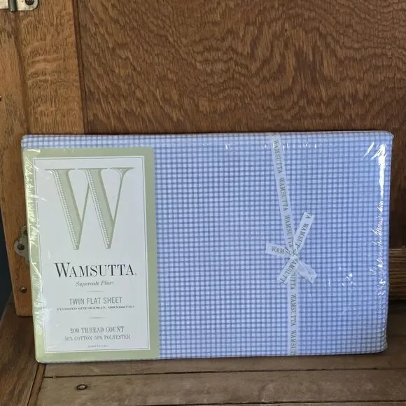 VTG Wamsutta Supercale Plus Twin Flat Sheet BLUE Gingham Sealed/Unused