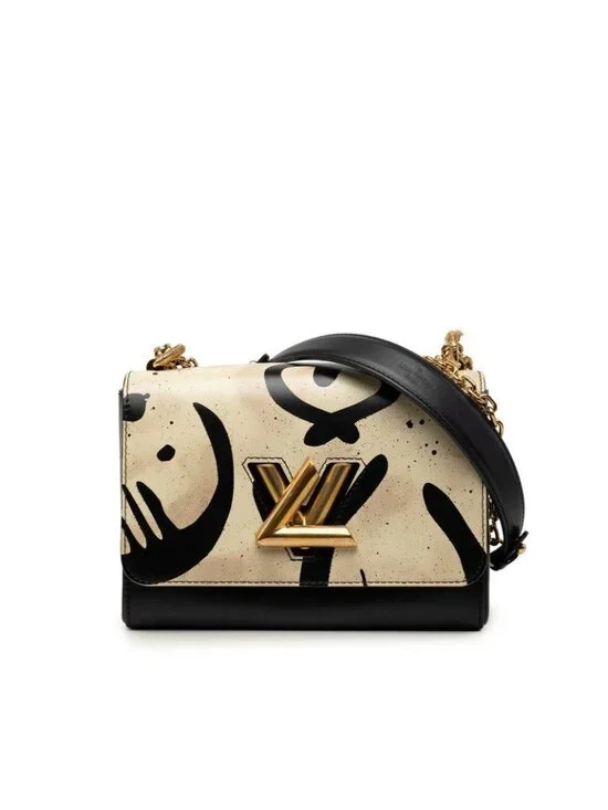 Louis Vuitton Twist MM Chain Shoulder Bag Black Ivory Leather