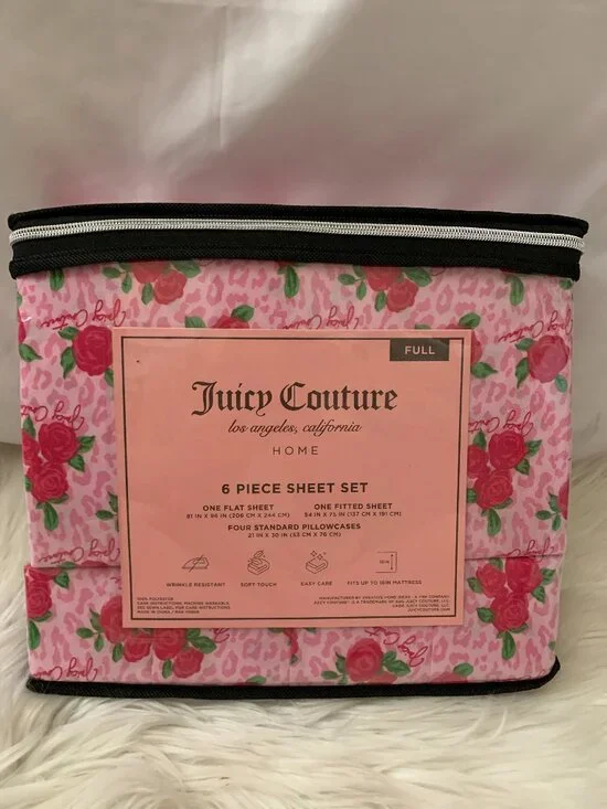 JUICY COUTURE Rose Animal Printed Full Sized Bed Sheets Set in Pink Multi