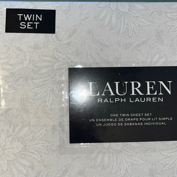 Twin Ralph Lauren sheet set 3 pc 100% cotton white gray floral dots NWT