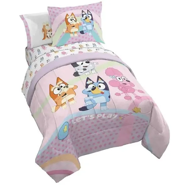NEW 7 Pc Full Kids Bed Set with Comforter, Sheets & Pillow Covers- Pink, Bluey