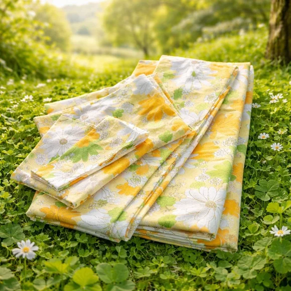 Vintage 1970s Cannon Monticello Twin Floral Blossom Flat Sheet SET Yellow Orange