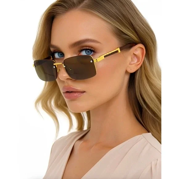 Women‎ Luxury Trendy Classy Gem Cut Brown Tint Gold Frame Rectangle Sunglasses