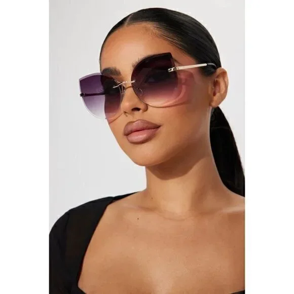 Catch Me Tonight Cat Eye‎ Frame Rimless Sunglasses Black