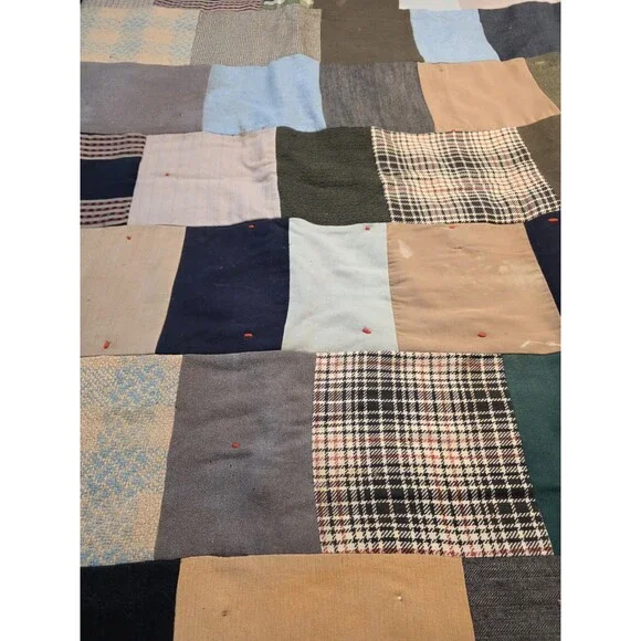 Vintage Handmade Wool Tied Patchwork Quilt 64x84 Plaid Houndstooth Suiting