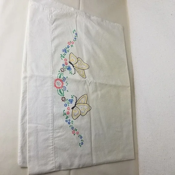 Vintage painted‎ Pillowcase White Yellow Butterflies Floral Cottagecore 1960s