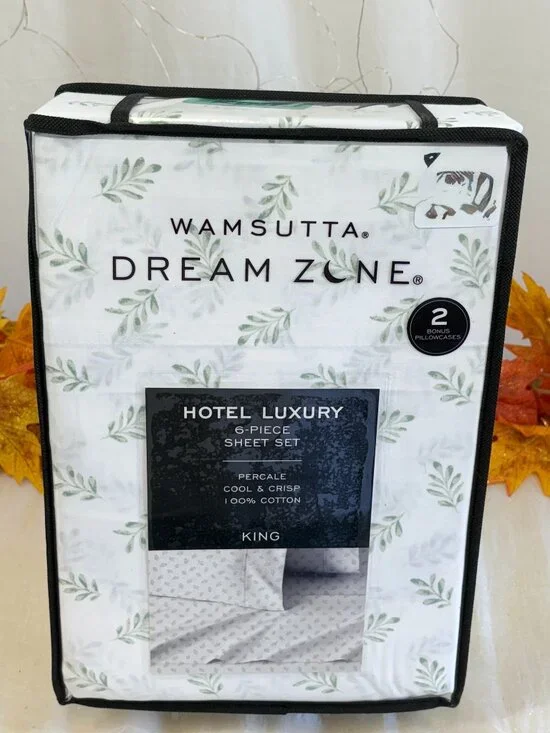 Wamsutta Dream Zone Hotel Luxury KING Sheet Set White Leaf Cotton Percale 6PC