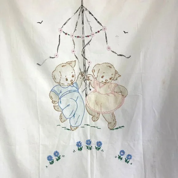 Vintage Hand Embroidered Applique Baby Crib Sheet Cover Puppies Dancing Maypole