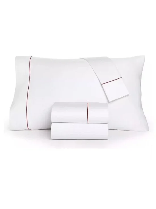 new Charter Club 550 TC Cotton QUEEN Sheet Set WHITE w/ Red Embroidered Cuffs