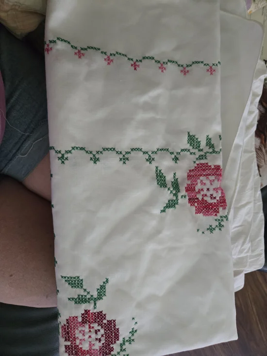 Embroidered Floral Pillowcase in White with Pink and Green. A Lot Of Items