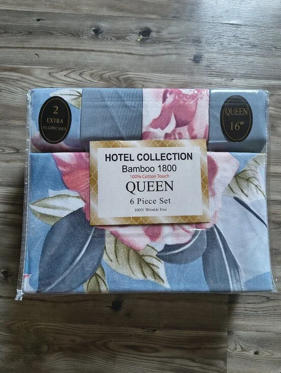 Hotel Collection Queen Bamboo 1800 Floral Sheet Set in Blue and Pink
