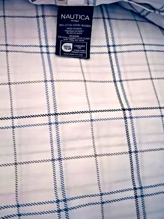 NAUTICA King Flat Sheet Blue White Plaid 100% Cotton Nautical Beach House Linens
