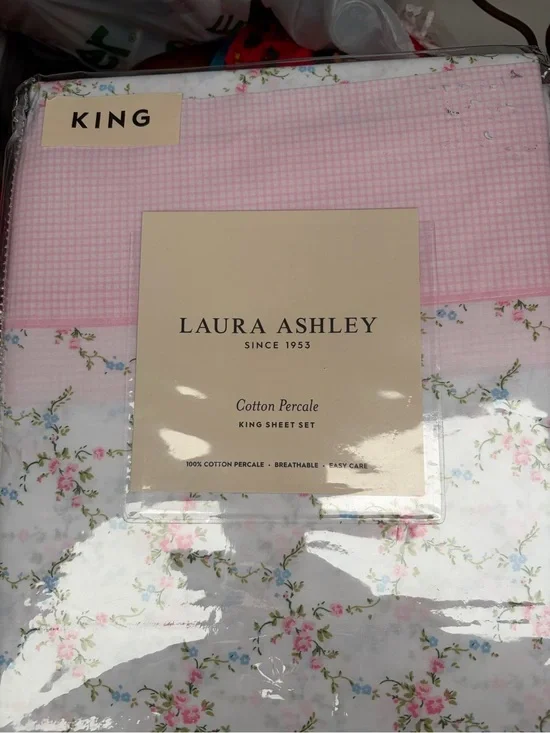 Laura Ashley Pink Gingham and Floral Cotton Percale King Sheets