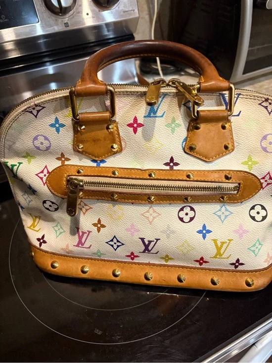 Louis Vuitton White Multicolor Monogram Alma Satchel with Tan Trim