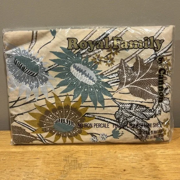 VTG Cannon Royal‎ Family Full Sheet Fitted Sunflowers Blue Brown FLORAL  NOS