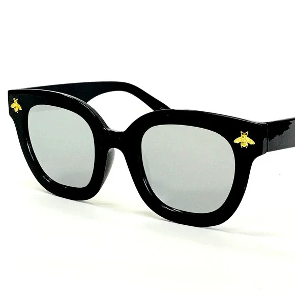 Bee Sunglasses Women's Fashion Oversized‎ Black Frame Mirror Lens Trendy Style
