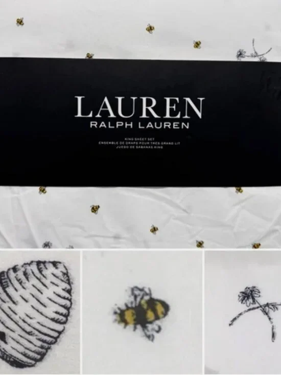 Ralph Lauren KING Sheet Set Bumble Bee Hive Flowers Cotton 18