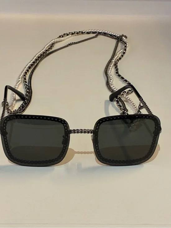 Chanel Women's Black Beaded Square Sunglasses with Chain