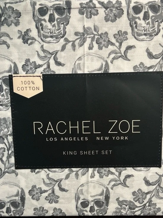 RACHEL ZOE SKULL DAMASK FLORAL KING SHEET Set 4PC BLACK WHITE HALLOWEEN