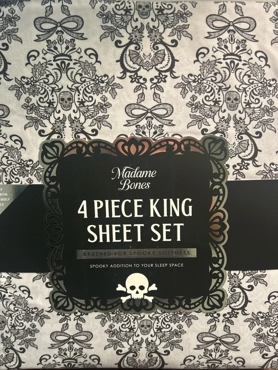 Madame Bones King Sheet Set 4pc Gothic Skull Bat Damask Black Gray Halloween