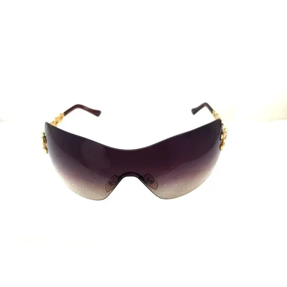 Vintage Y2K Versace 2043-B  Brown Rhinestone Rimless Shield Sunglasses Scratched