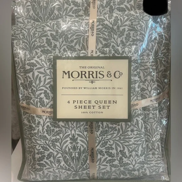 WILLIAM MORRIS & Co Green White Leaves Acorns  QUEEN SHEET SET 4 PC NEW