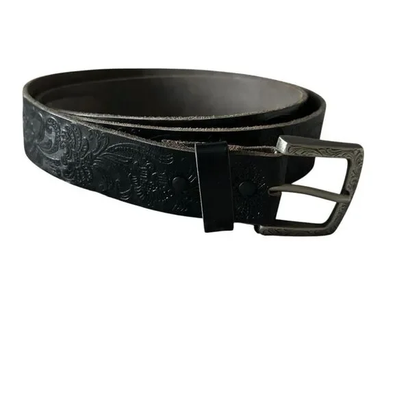 Mens Black Embossed Genuine Leather Embossed Western Inspired Belt Silver Buckle