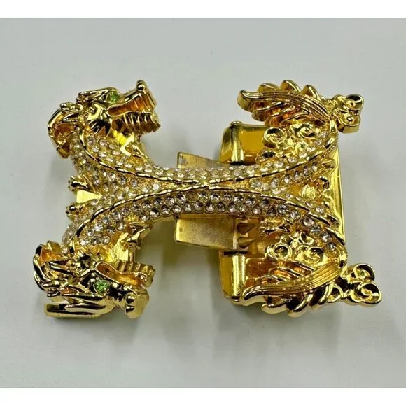 Double Dragon Rhinestone Ratchet Belt Buckle Gold Tone Automatic Slide