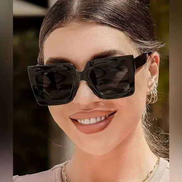 Womens Square Black Sunglasses Oversized Trendy Chic Style vintage
