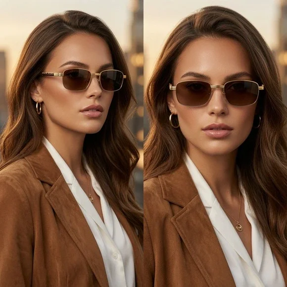 Gold Rectangle Sunglasses Brown Gradient Lens Wood Grain Temples UV400 Women New