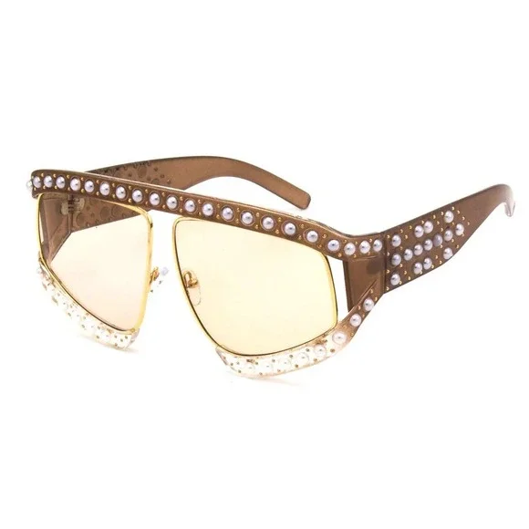 Pearl Embellished Sunglasses Outdoor Party Beach Style Women Beige Lens‎ Lentes