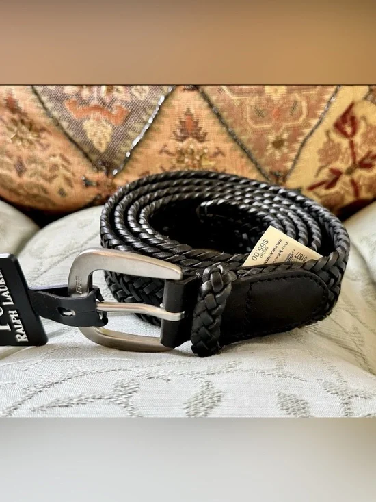 Ralph Lauren Black Braided Leather Men’s Belt with Matte Buckle