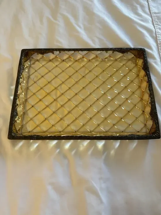 Quilted Pattern Bronze Tray Gold Brown Art Nouveau Vintage Inspired Amber Lucite