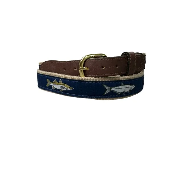 Zep-Pro Mens Webbed Canvas Belt Navy Tan Leather Brass Buckle Made in USA 46
