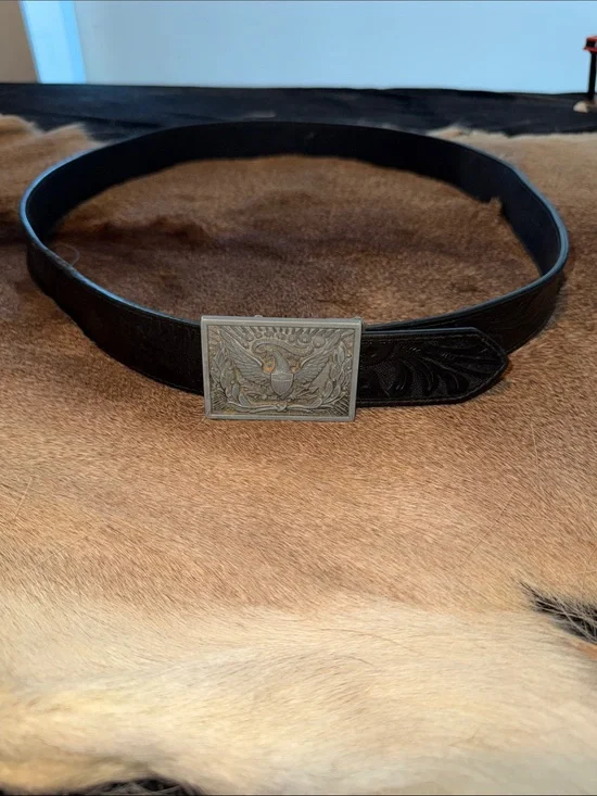 Mission Black Leather Men’s Belt with Decorative Silver Buckle