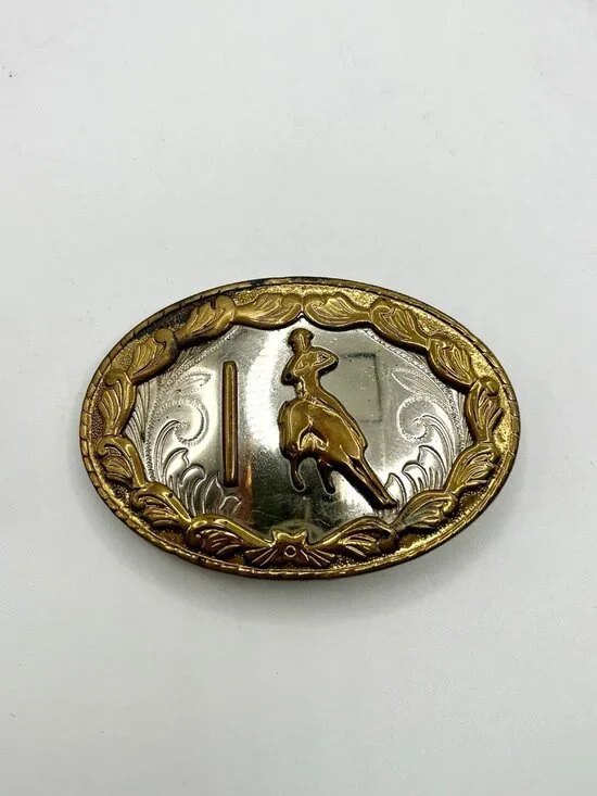 Vintage German Silver Western Cowboy Belt Buckle Bronc Rider Rodeo Gold Tone