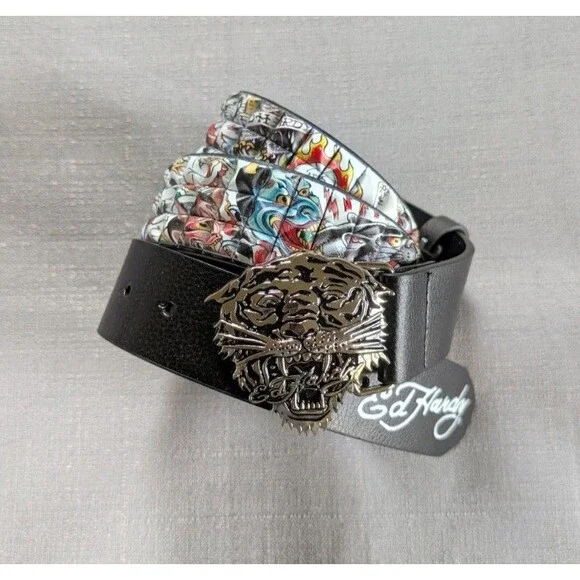 Ed Hardy Tiger Buckle Tattoo Print Studded Belt Men's Size 32 NEW
