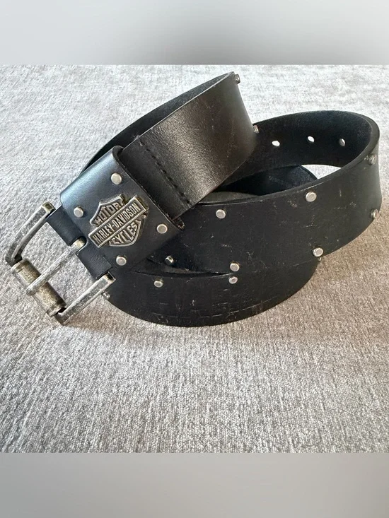 Harley Davidson Men's Silver Studded Black Leather Motorcycle Biker Belt Size 42