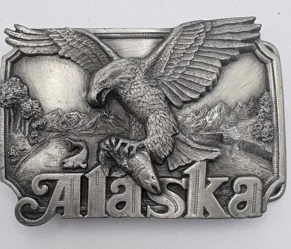 Pewter Alaska Western Style Belt Buckle with Detailed 3D Eagle