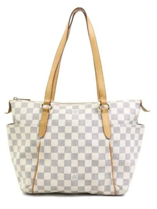 Louis Vuitton White Checkered Damier Azur Tote with Tan Leather Straps