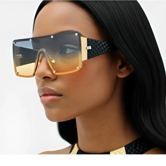 Womens Large Exaggerated Thick Metal Plastic‎ Mod Fashion Rectangle Sunglasses