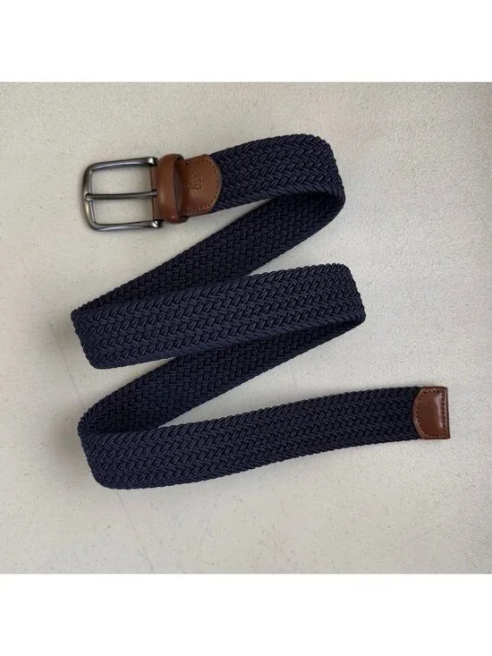 Penguin Belt NEW Size Small 30-32 Navy Blue Stretch Nylon Brown Genuine Leather